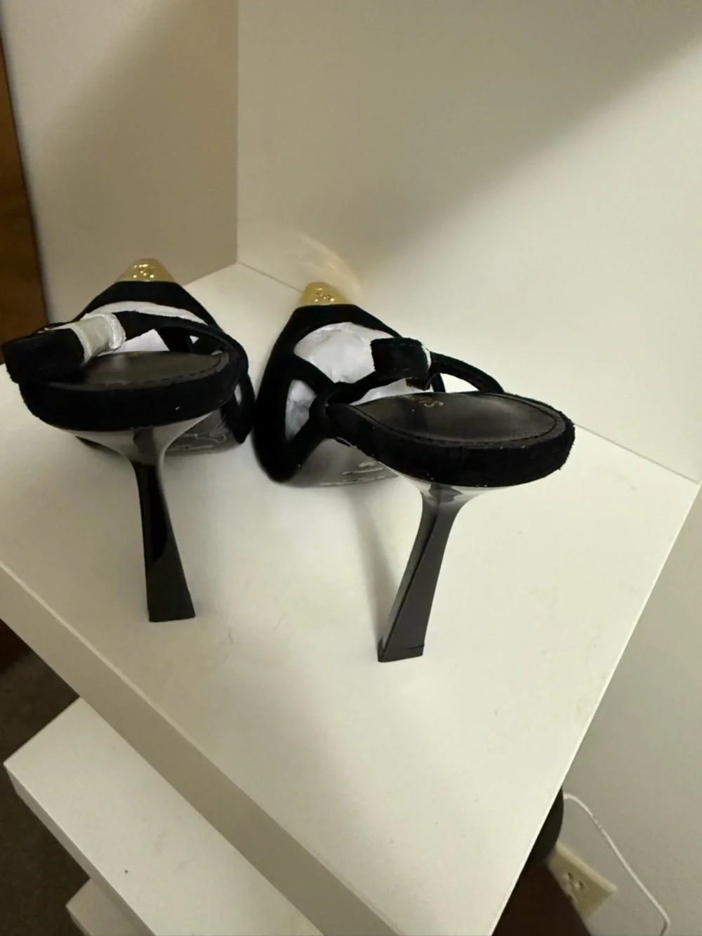 Saint Laurent Black Suede Slingback Pumps with Gold Toe Caps - Picture 2 of 4